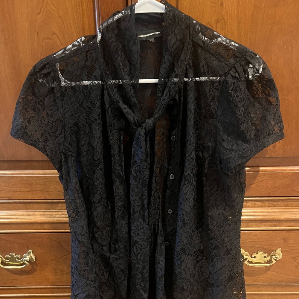Express Black Lace Blouse with Tie